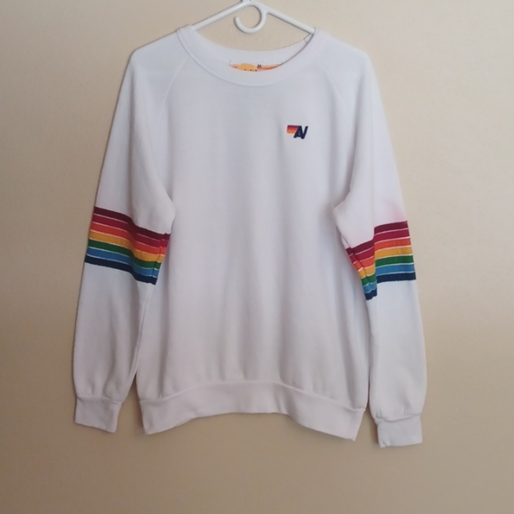 Aviator Nation Rainbow Stripe Sweatshirt White Crew Neck Size M**